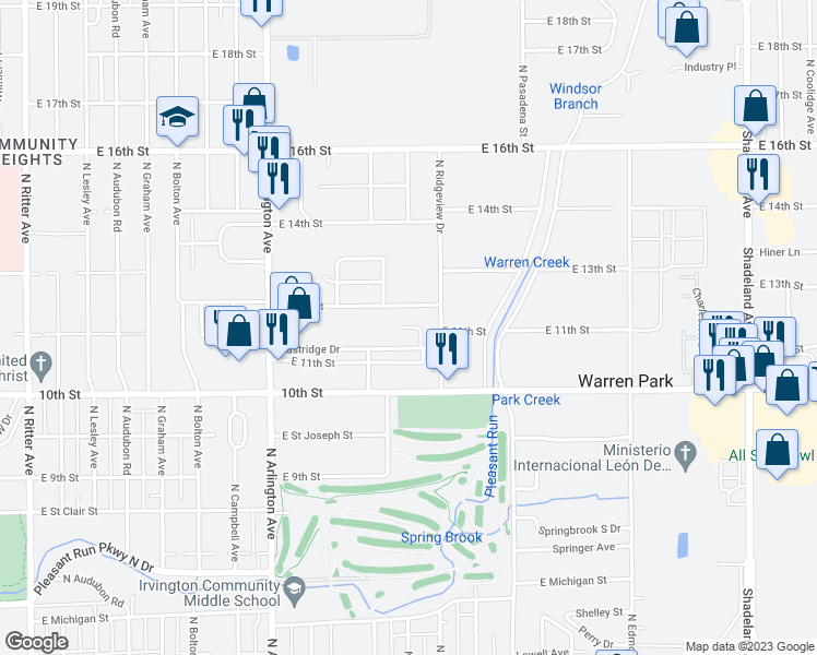 map of restaurants, bars, coffee shops, grocery stores, and more near 6210 Eastridge Drive in Indianapolis