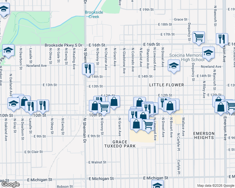 map of restaurants, bars, coffee shops, grocery stores, and more near 1124 North Grant Avenue in Indianapolis