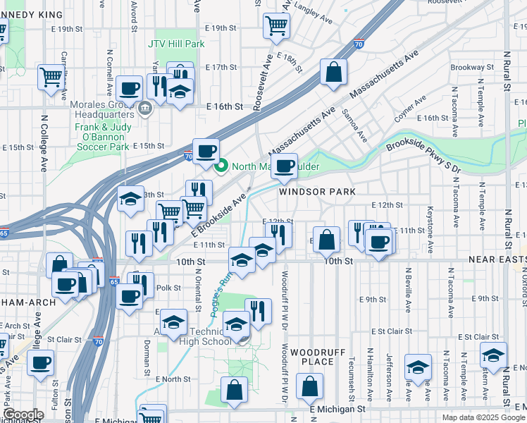 map of restaurants, bars, coffee shops, grocery stores, and more near 1130 North Newman Street in Indianapolis
