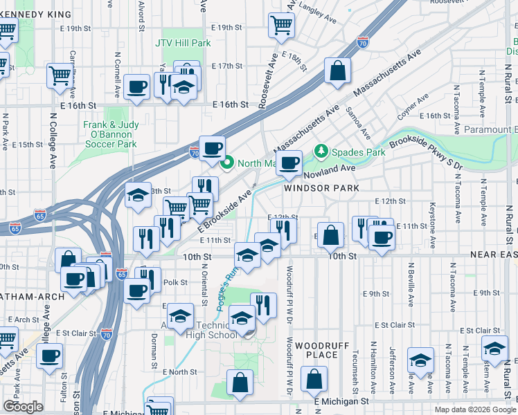 map of restaurants, bars, coffee shops, grocery stores, and more near 1130 North Newman Street in Indianapolis