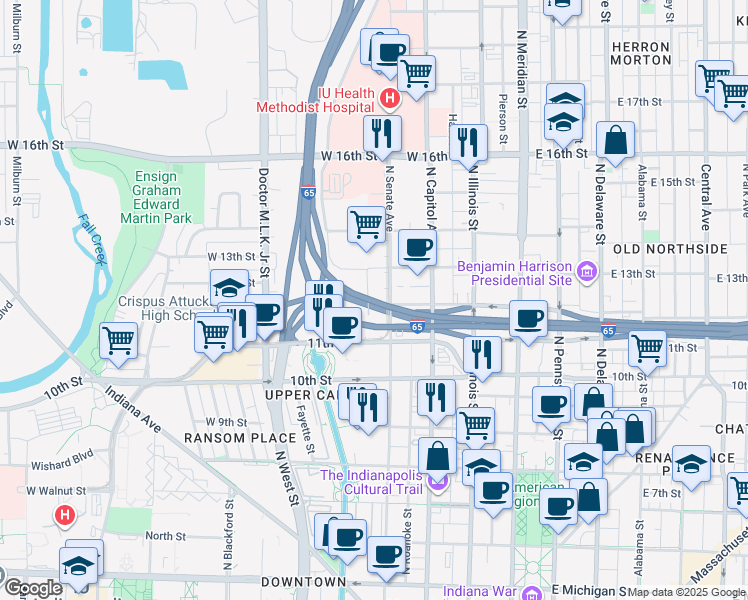 map of restaurants, bars, coffee shops, grocery stores, and more near 1191 North Senate Avenue in Indianapolis