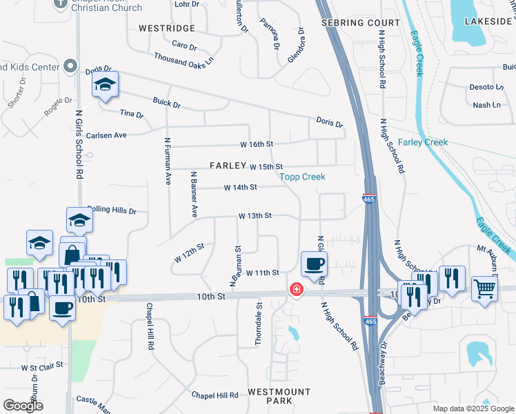 map of restaurants, bars, coffee shops, grocery stores, and more near 6521 West 13th Street in Indianapolis