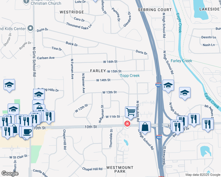 map of restaurants, bars, coffee shops, grocery stores, and more near 6521 West 13th Street in Indianapolis