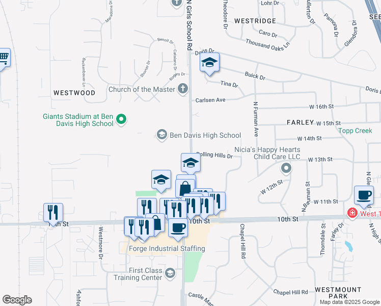 map of restaurants, bars, coffee shops, grocery stores, and more near 1130 North Girls School Road in Indianapolis