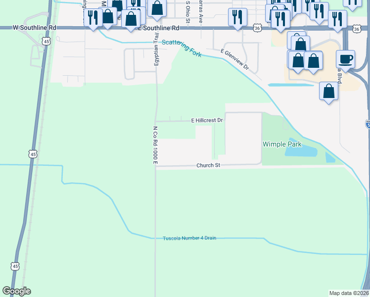map of restaurants, bars, coffee shops, grocery stores, and more near Church Street in Tuscola
