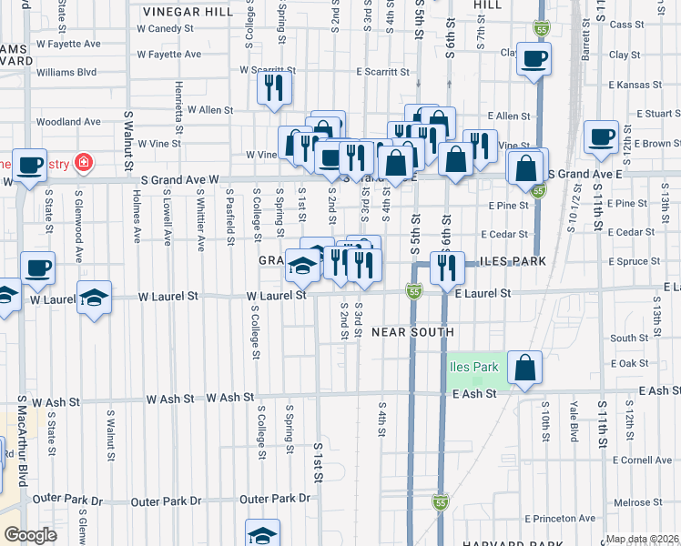 map of restaurants, bars, coffee shops, grocery stores, and more near 1628 South 2nd Street in Springfield