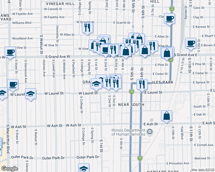 map of restaurants, bars, coffee shops, grocery stores, and more near 1628 South 2nd Street in Springfield