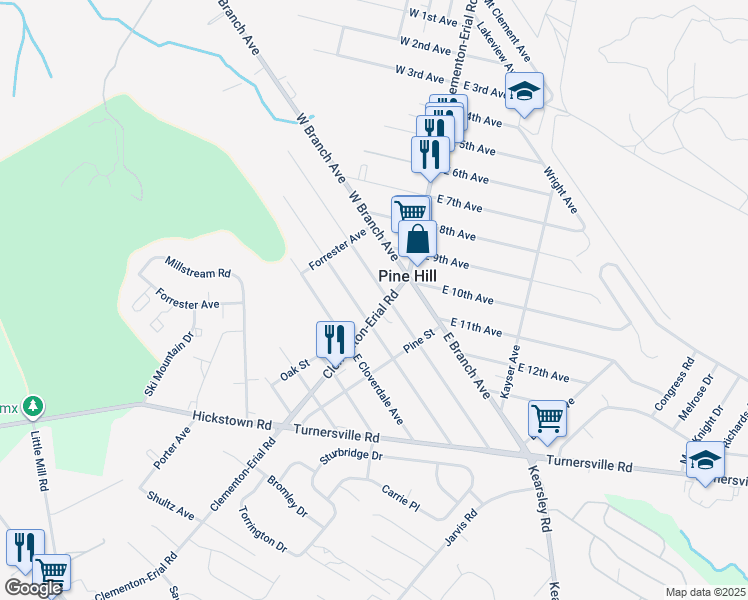 map of restaurants, bars, coffee shops, grocery stores, and more near 1110 Erial Road in Pine Hill