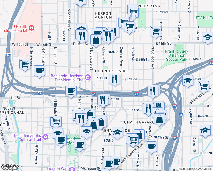 map of restaurants, bars, coffee shops, grocery stores, and more near 330 East 12th Street in Indianapolis