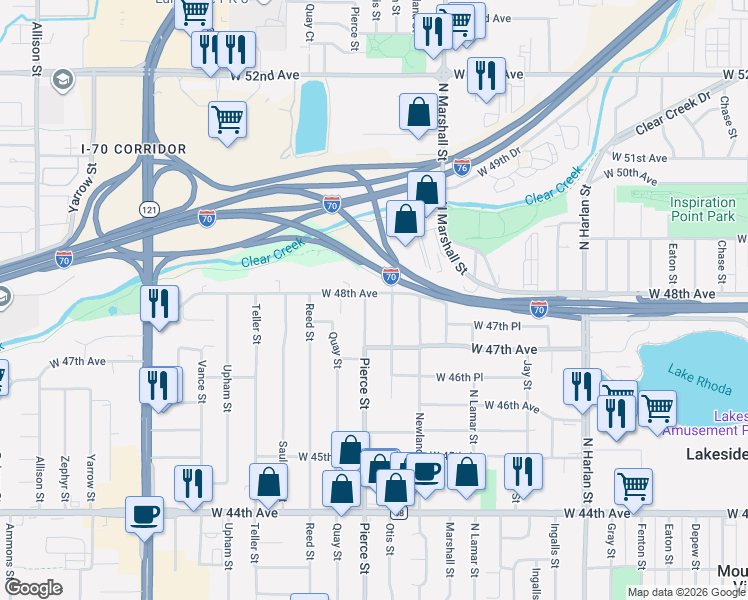 map of restaurants, bars, coffee shops, grocery stores, and more near 4740 Pierce Street in Wheat Ridge