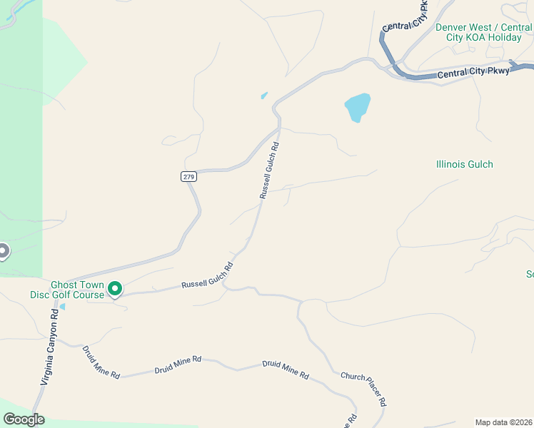 map of restaurants, bars, coffee shops, grocery stores, and more near Upper Russell Gulch Rd in Central City