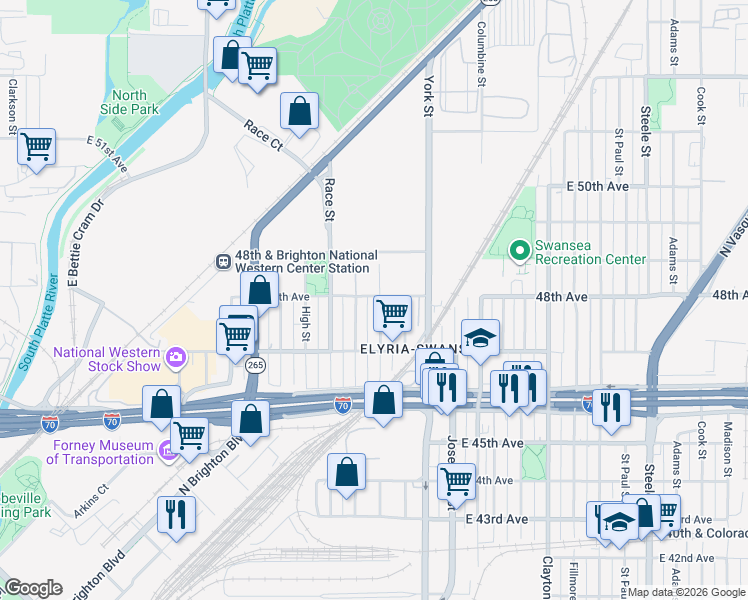 map of restaurants, bars, coffee shops, grocery stores, and more near 4899 North Gaylord Street in Denver