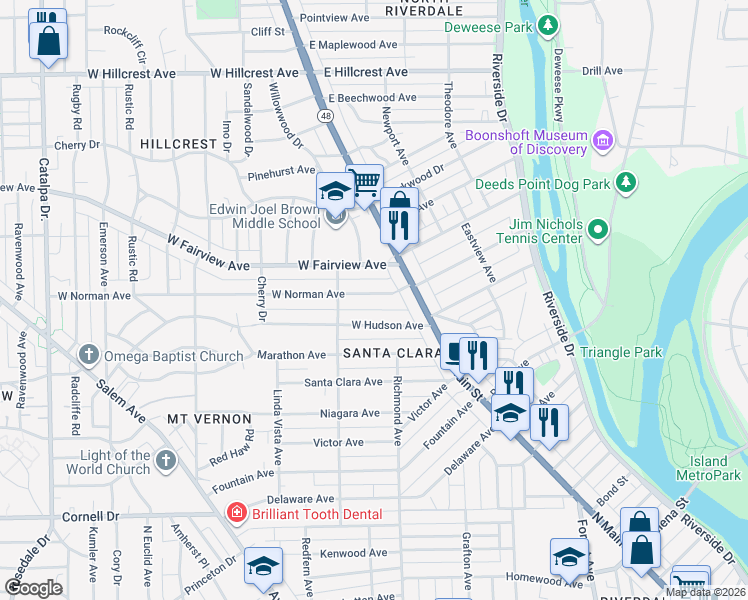 map of restaurants, bars, coffee shops, grocery stores, and more near 55 West Hudson Avenue in Dayton