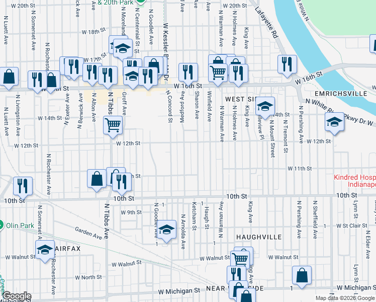 map of restaurants, bars, coffee shops, grocery stores, and more near 1127 Medford Avenue in Indianapolis