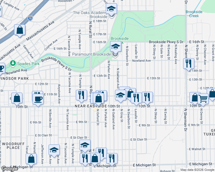 map of restaurants, bars, coffee shops, grocery stores, and more near 1115 North Parker Avenue in Indianapolis