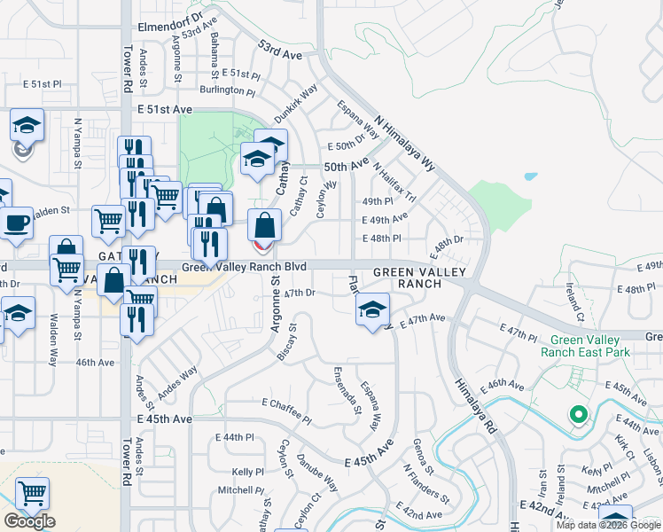 map of restaurants, bars, coffee shops, grocery stores, and more near Green Valley Ranch Boulevard in Denver