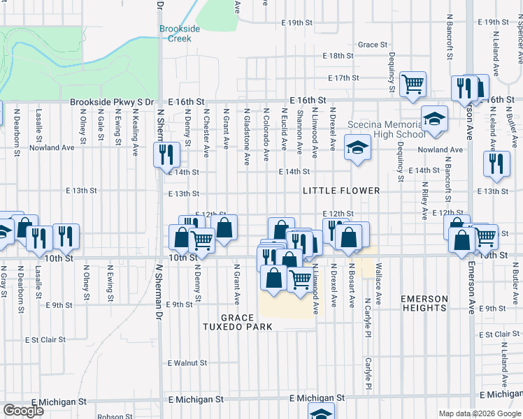map of restaurants, bars, coffee shops, grocery stores, and more near 1121 North Colorado Avenue in Indianapolis
