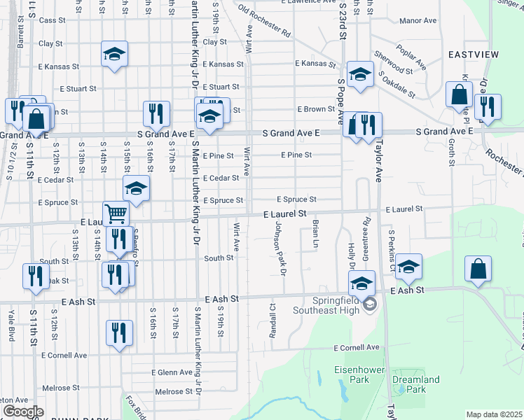 map of restaurants, bars, coffee shops, grocery stores, and more near 2018 East Laurel Street in Springfield