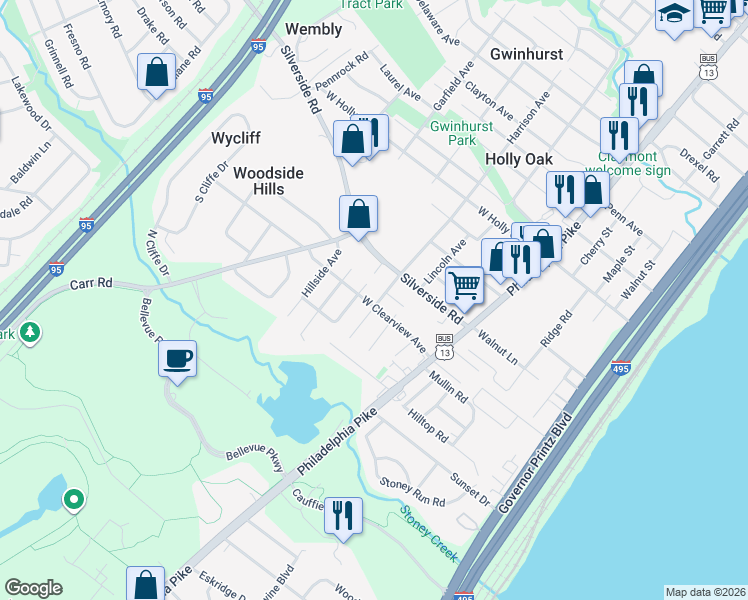 map of restaurants, bars, coffee shops, grocery stores, and more near 1207 Harrison Avenue in Wilmington