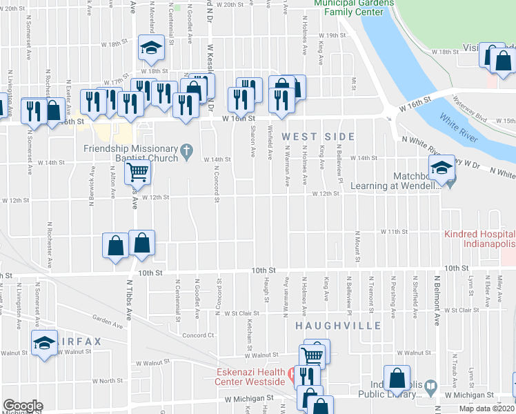 map of restaurants, bars, coffee shops, grocery stores, and more near 1151 Sharon Avenue in Indianapolis