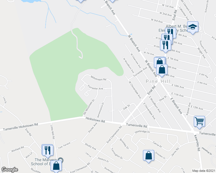 map of restaurants, bars, coffee shops, grocery stores, and more near 12 Gristmill Lane in Pine Hill