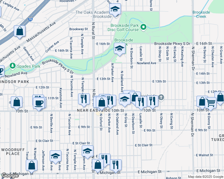 map of restaurants, bars, coffee shops, grocery stores, and more near 1115 North Parker Avenue in Indianapolis