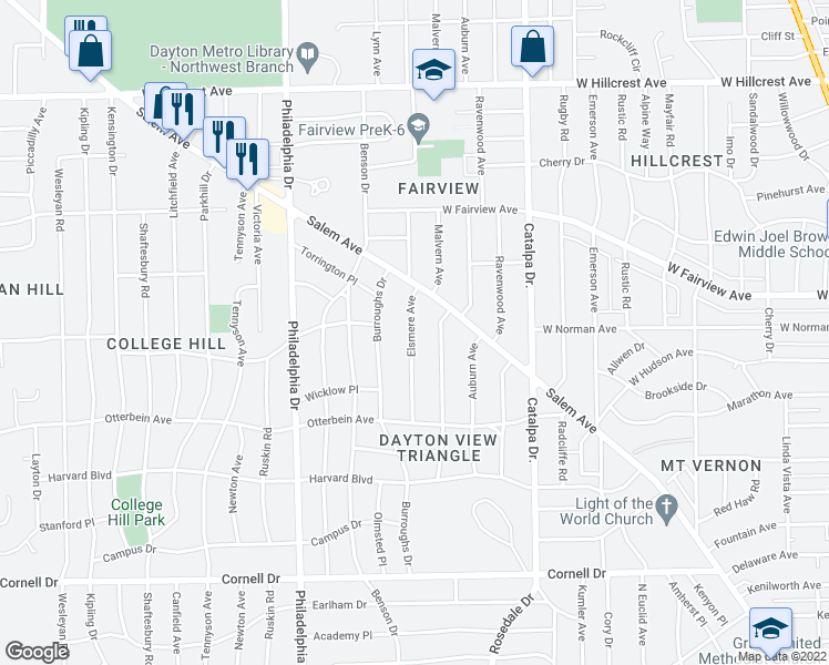 map of restaurants, bars, coffee shops, grocery stores, and more near 2004 Elsmere Avenue in Dayton