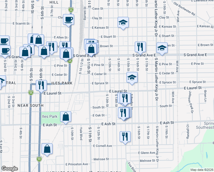 map of restaurants, bars, coffee shops, grocery stores, and more near 1801-1835 South 13th Street in Springfield