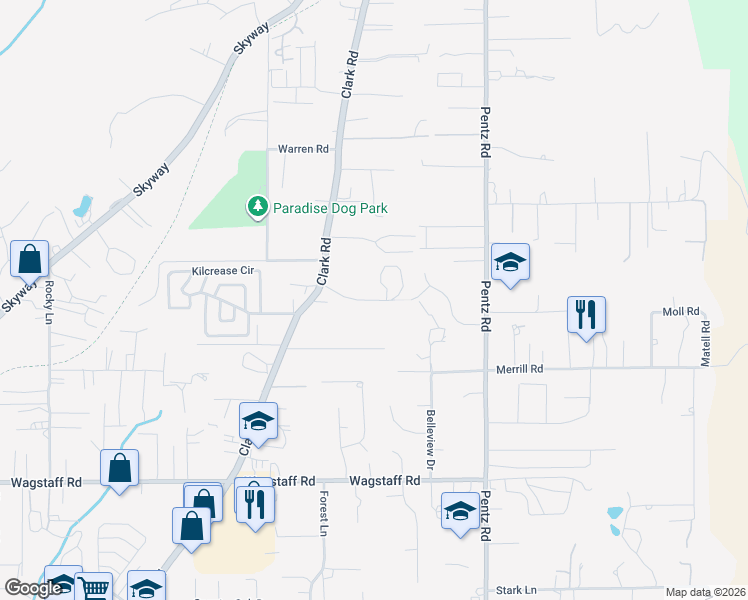 map of restaurants, bars, coffee shops, grocery stores, and more near 1633 Cypress Ln in Paradise