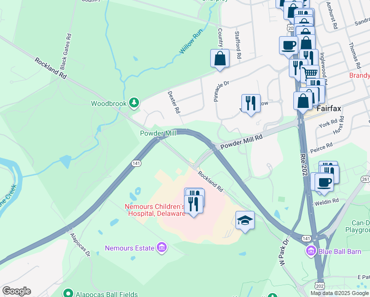 map of restaurants, bars, coffee shops, grocery stores, and more near 1501 Rockland Road in Wilmington
