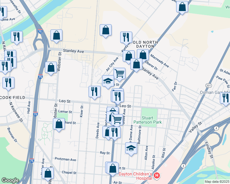 map of restaurants, bars, coffee shops, grocery stores, and more near 1109 Troy Street in Dayton