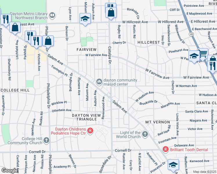 map of restaurants, bars, coffee shops, grocery stores, and more near 2106 Salem Avenue in Dayton