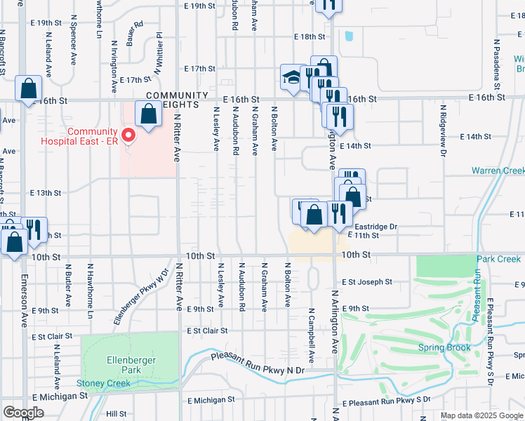 map of restaurants, bars, coffee shops, grocery stores, and more near 1039 North Graham Avenue in Indianapolis