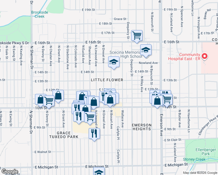 map of restaurants, bars, coffee shops, grocery stores, and more near 1120 North Bosart Avenue in Indianapolis