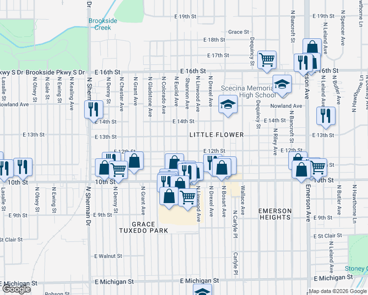 map of restaurants, bars, coffee shops, grocery stores, and more near 1120 Shannon Avenue in Indianapolis