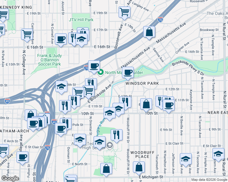 map of restaurants, bars, coffee shops, grocery stores, and more near 1130 North Newman Street in Indianapolis