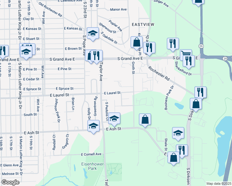 map of restaurants, bars, coffee shops, grocery stores, and more near 1813 Honeysuckle Court in Springfield