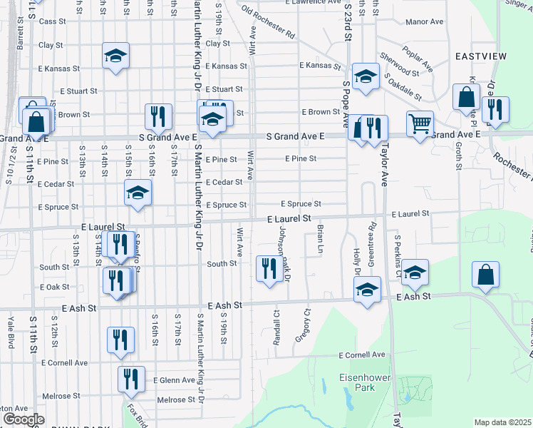 map of restaurants, bars, coffee shops, grocery stores, and more near 2018 East Laurel Street in Springfield