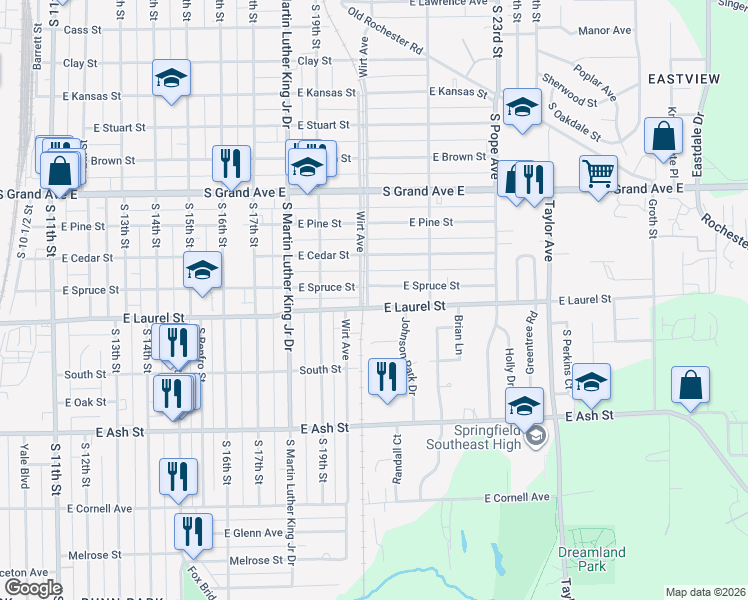 map of restaurants, bars, coffee shops, grocery stores, and more near 1808 Wirt Avenue in Springfield