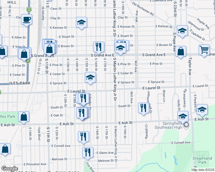 map of restaurants, bars, coffee shops, grocery stores, and more near 1805 South 17th Street in Springfield