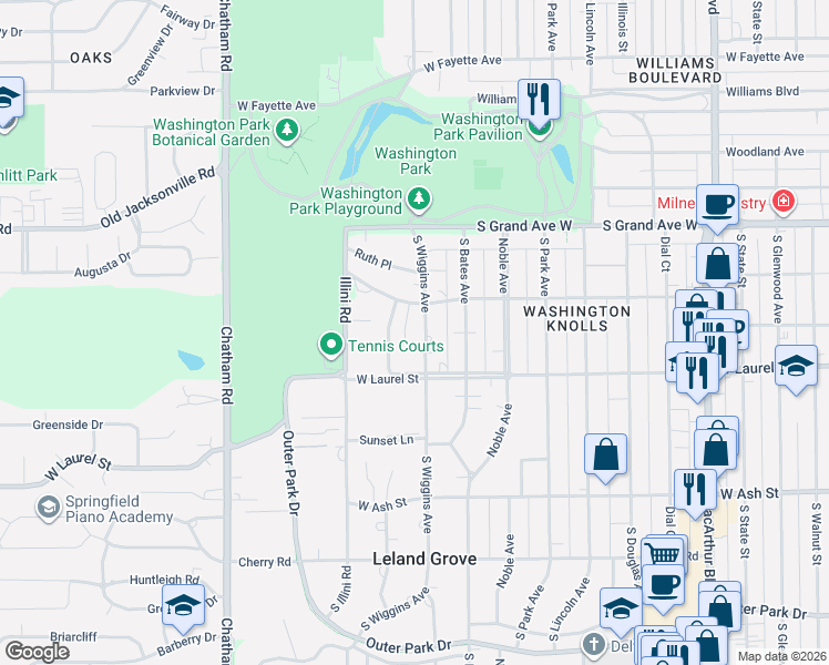 map of restaurants, bars, coffee shops, grocery stores, and more near 1500-1698 Wiggins Avenue in Springfield