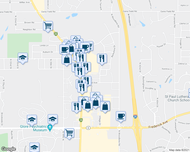 map of restaurants, bars, coffee shops, grocery stores, and more near 3801 Oakland Avenue in Saint Joseph