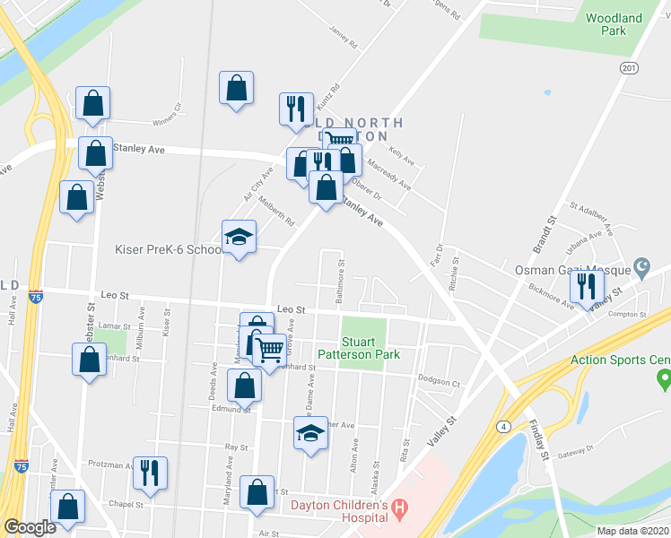 map of restaurants, bars, coffee shops, grocery stores, and more near 521 Baltimore Street in Dayton
