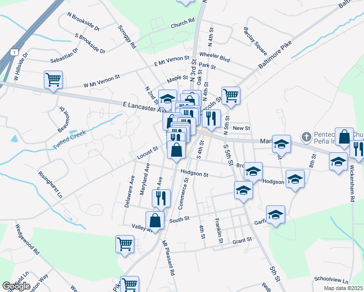 map of restaurants, bars, coffee shops, grocery stores, and more near 101 South 3rd Street in Oxford