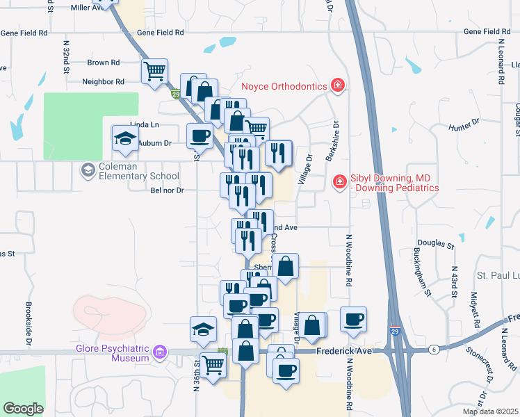 map of restaurants, bars, coffee shops, grocery stores, and more near 1815 North Belt Highway in Saint Joseph