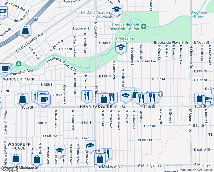 map of restaurants, bars, coffee shops, grocery stores, and more near 1201 North Oxford Street in Indianapolis