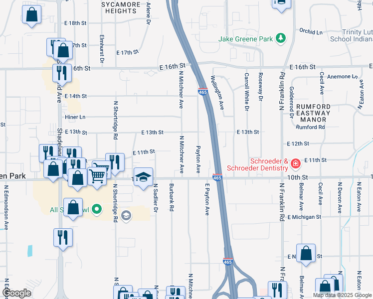 map of restaurants, bars, coffee shops, grocery stores, and more near 1102 Payton Avenue in Indianapolis