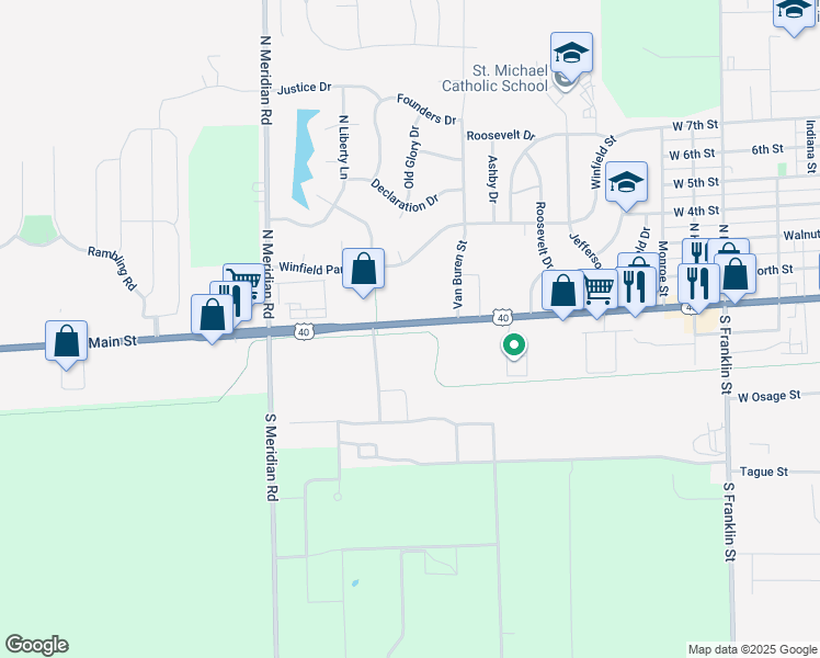 map of restaurants, bars, coffee shops, grocery stores, and more near 2001 West Main Street in Greenfield
