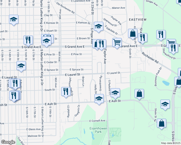 map of restaurants, bars, coffee shops, grocery stores, and more near 2273 East Laurel Street in Springfield