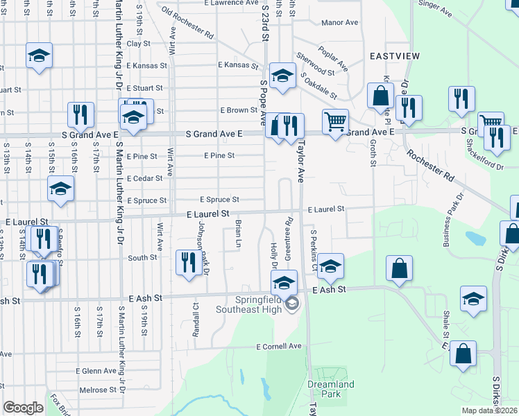 map of restaurants, bars, coffee shops, grocery stores, and more near 2275 East Laurel Street in Springfield